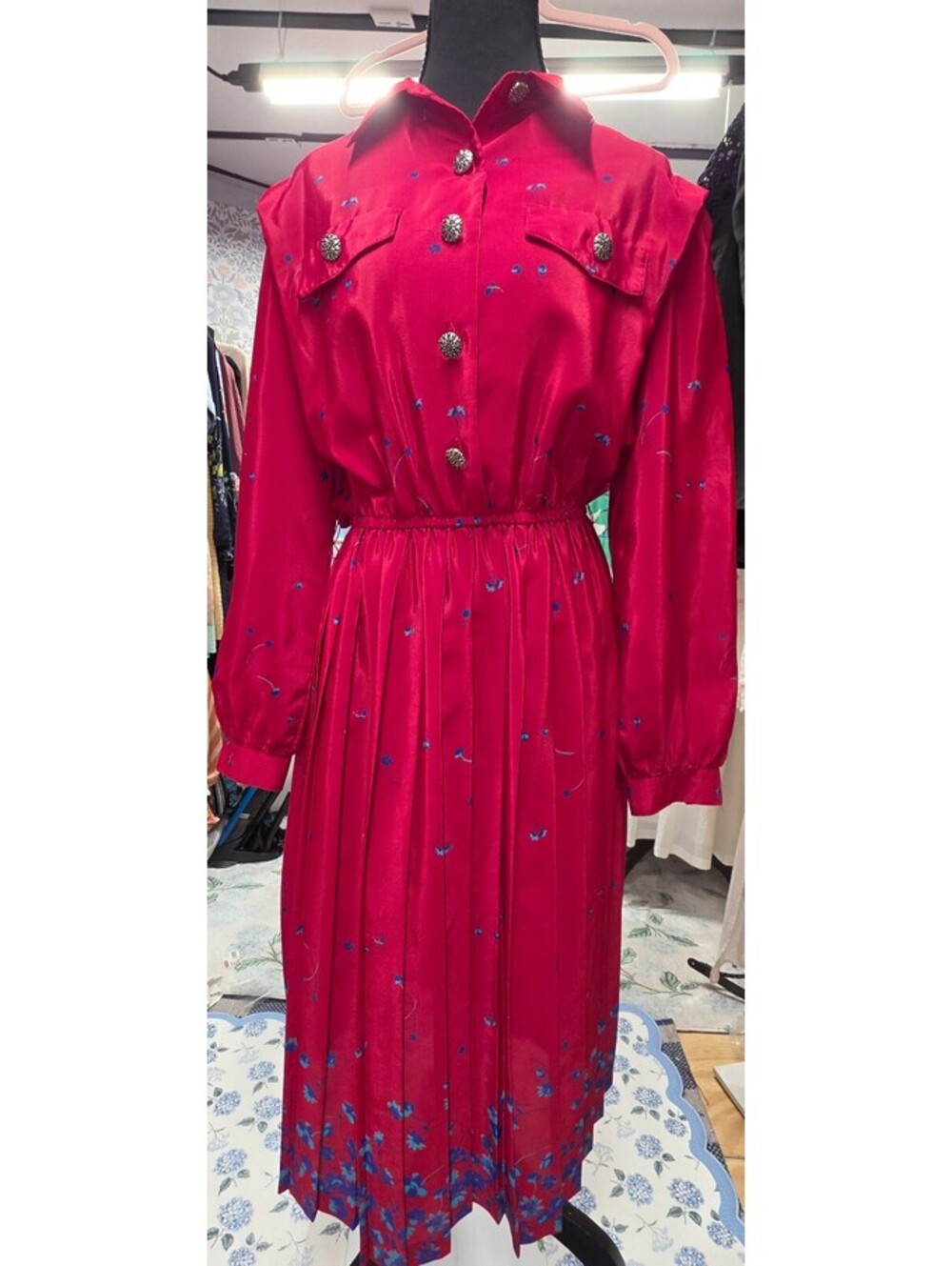 Vintage 90s Leslie Fay Petite Floral Pleated Midi Dress Red, Shoulder Pads 10P